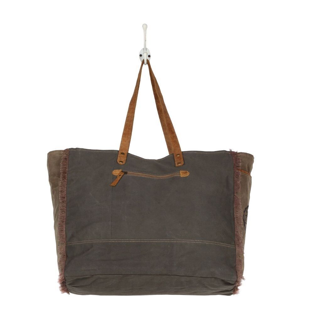 Myra Bag Handmade Floweret Weekender Tote Bag Upcycled Canvas & Cowhide Leather - Picture 4 of 4